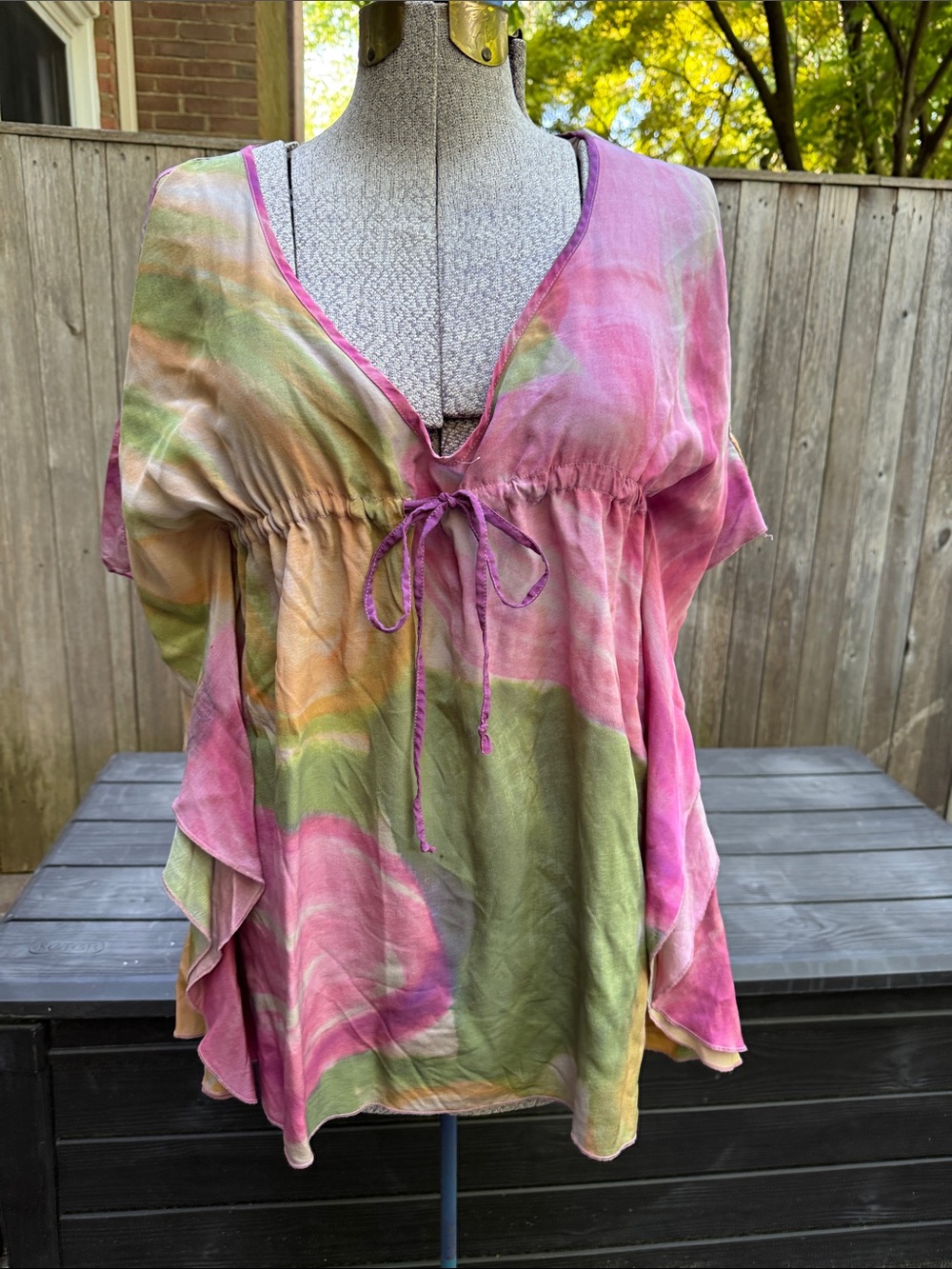 Absolutely gorgeous artsy watercolor tie -Front Tunic Top in Pink & Green